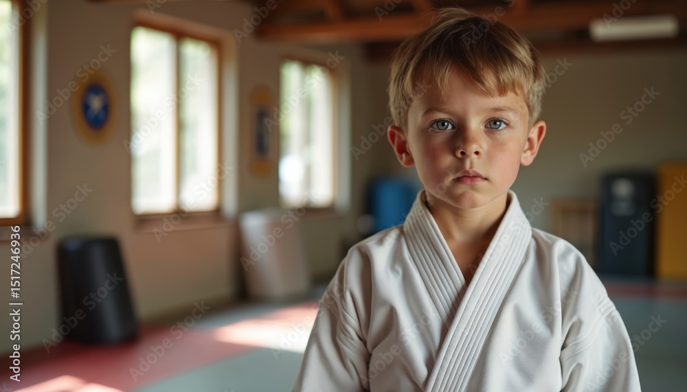 Portrait of young boy in a white karate uniform. Kid at training center during martial arts class. Focus on discipline, sport practice, self-improvement. Martial arts tradition, dojo atmosphere. Portrait of young boy in a white karate uniform. Kid at training center during martial arts class. Focus on discipline, sport practice, self-improvement. Martial arts tradition, dojo atmosphere.
