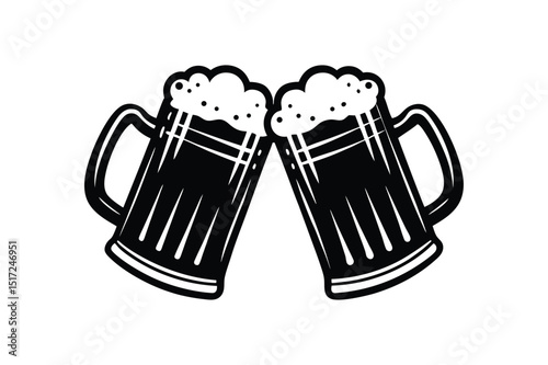 silhouette two beer mugs clinking together cartoon vector illustration
