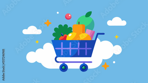 Cart Soaring Over Clouds A colorful shopping cart with fresh produce and household items gliding through fluffy white clouds headed toward a bright SALE banner decorated with