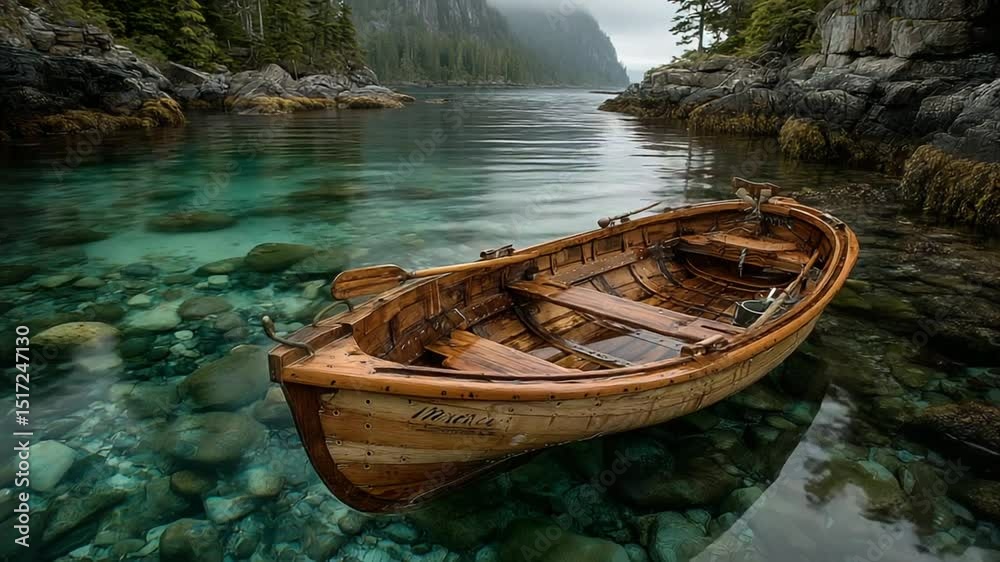 Serene Rowboat on Crystal Clear Water in a Picturesque Mountain Lake Setting Serene Rowboat on Crystal Clear Water in a Picturesque Mountain Lake Setting