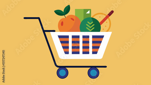 Healthy Grocery Cart A shopping cart filled with colorful healthy foods alongside a paper with a DNA strand sketch indicating a genetically tailored shopping list.
