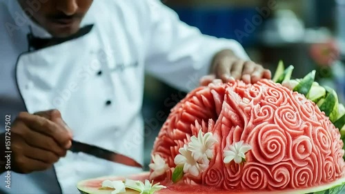 Chef carving watermelon art