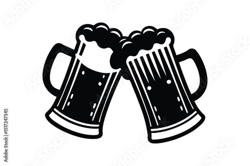 silhouette two beer mugs clinking together cartoon vector illustration