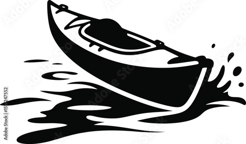 A stylized black and white illustration of a kayak in water with visible paddle and water splash silhouette