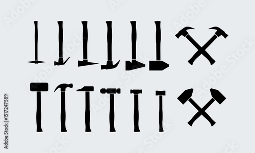 Various types of hammers and a pickaxe depicted in silhouette.