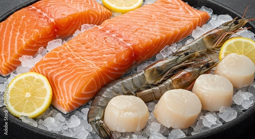 Fresh Seafood Platter Salmon, Shrimp, and Scallops on Ice