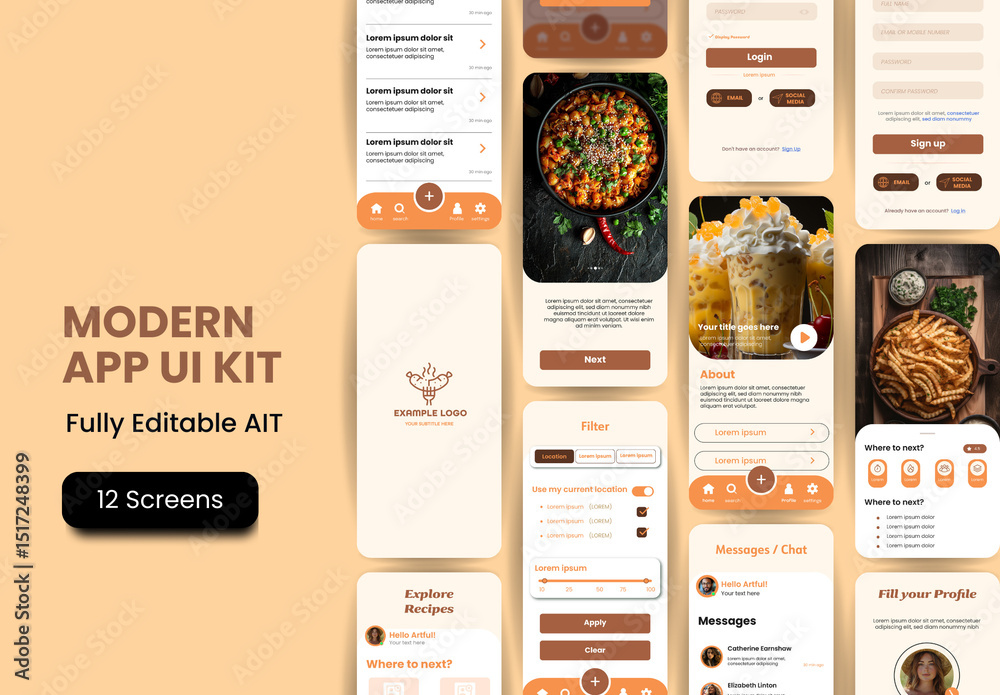 Beige And Brown Recipes Mobile App Cooking UI UX Screens Template Stock ...