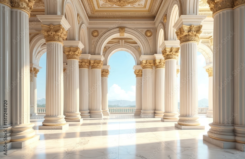 Fototapeta premium Palace interior background. Castle hall with marble floor, columns. Light in ballroom with baroque design. Luxury architecture, gold details, sky view through arches. Empty room. Classic building.