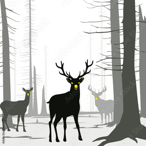 Vector deer in winter forest landscape illustration drawing
