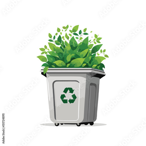 A simple trash bin icon with green leaves sprouting from the top