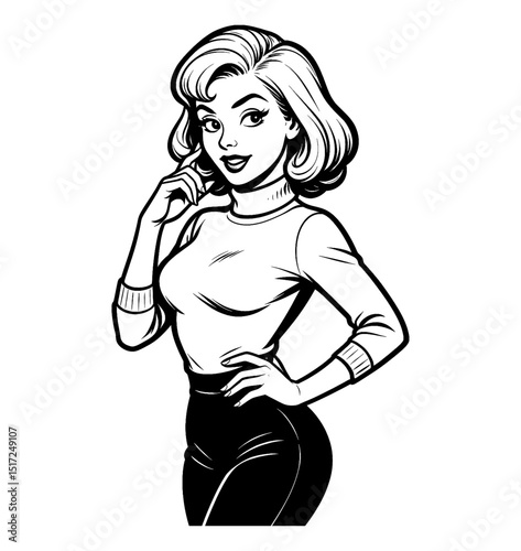 Illustration of a Caucasian Woman in Classic Pose with Hand on Hip and Finger on Face in Black and White