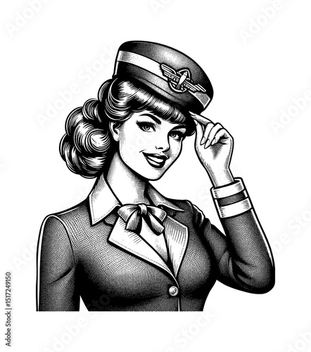 Vintage Style Woman Pilot Wearing Uniform Hat with Smiling Face in Detailed Black and White