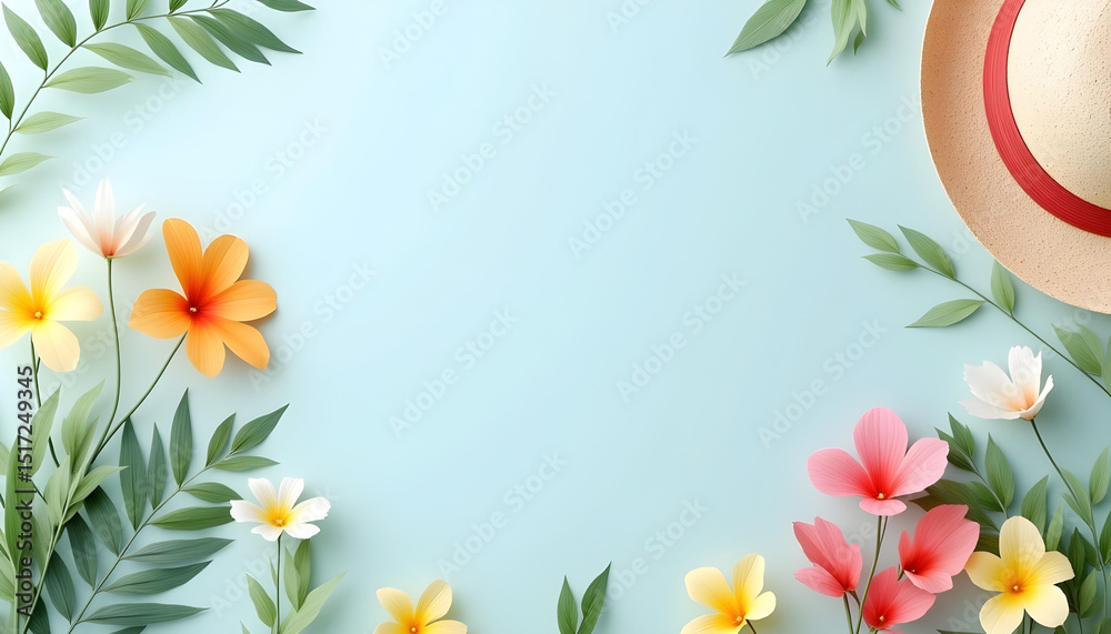 Obraz premium Tropical flowers and palm leaves frame a light blue background&nbsp; summer theme