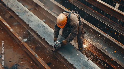 Worker Cutting Metal with a Power Tool in an Industrial Setting