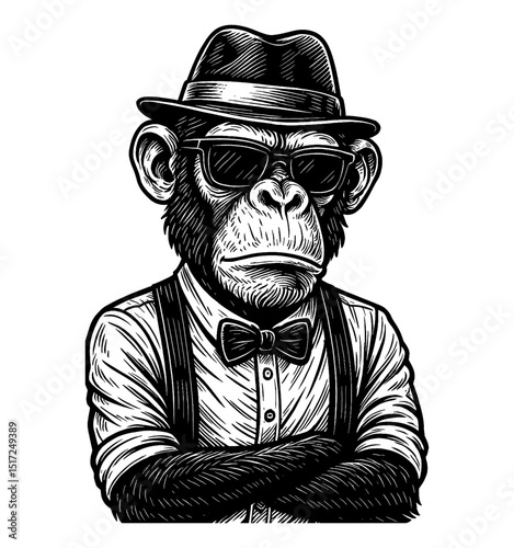 Monkey gangster portrait with arms crossed, wearing a hat and sunglasses, black and white vector illustration