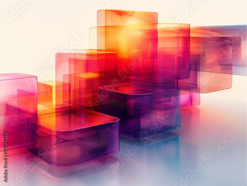 Radiant light glows through translucent blocks. Abstract stacked glass forms in warm gradient tones. Perfect for digital art projects, creative backgrounds, or modern branding.


