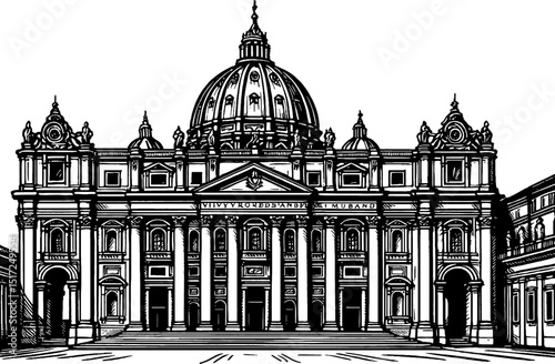 Detailed Black and White Engraving of St Peters Basilica in Vatican City