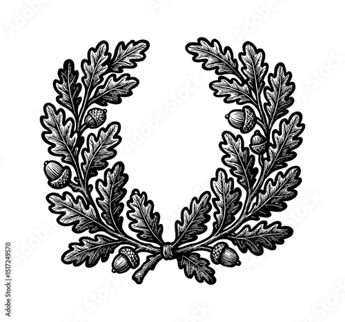 Oak Leaves and Acorns Wreath Engraving Style Black and White Decoration
