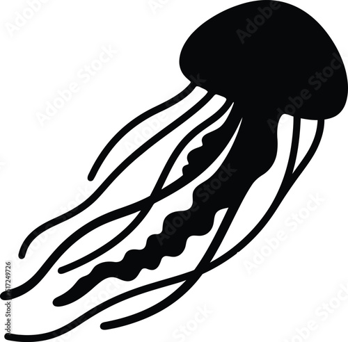 A stark black jellyfish silhouette gracefully drifting against a clean white background illustration