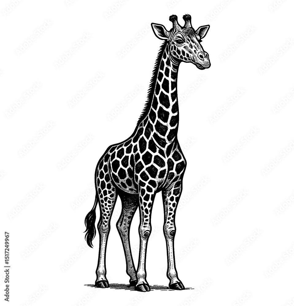 Fototapeta premium Engraved Illustration of a Giraffe Standing Tall on a White Background with Detailed Markings