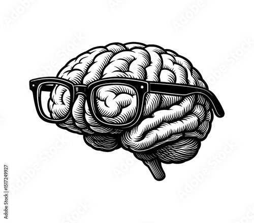 Brain with Eyeglasses Detailed Engraving Style Illustration Isolated on White Background