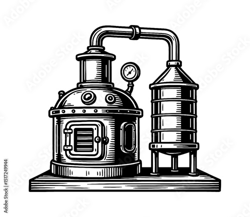Illustration of an alembic still for distillation process in black and white ink drawing style