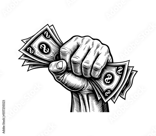 Hand holding money in monochrome vector illustration with engraving style on white background