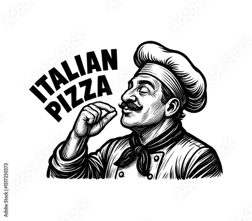Italian Chef with Pizza Illustration, Black and White Vector Graphic