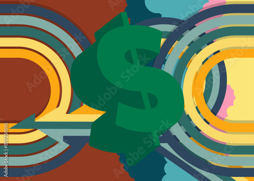Retro 70s Background with Dollar Sign. Groovy Money 1970s art template. Minimalistic Vintage design poster. Old-fashioned color artwork.
