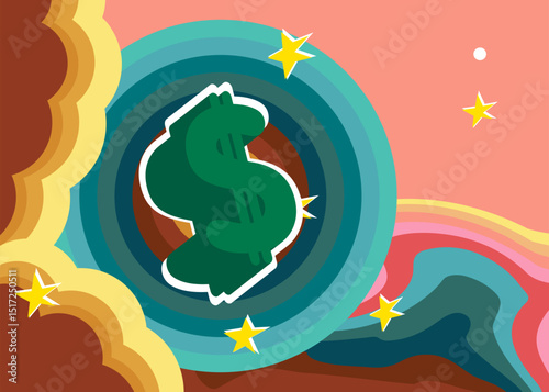 Retro 70s Background with Dollar Sign. Groovy Money 1970s art template. Minimalistic Vintage design poster. Old-fashioned color artwork.
