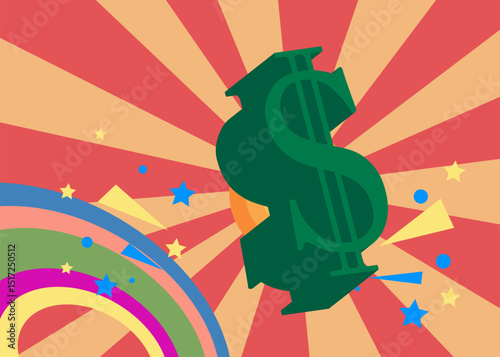Retro 70s Background with Dollar Sign. Groovy Money 1970s art template. Minimalistic Vintage design poster. Old-fashioned color artwork.