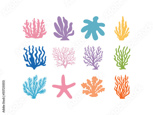 Colorful Coral Reef Silhouettes Collection. Vector Seaweed and Sea Plants Set. Marine Aquarium Plants Elements