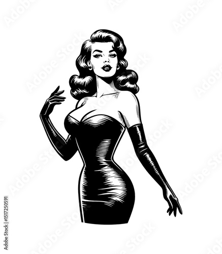 Glamorous Caucasian Woman in Black Dress and Gloves Posing with Elegant Attitude in Black and White