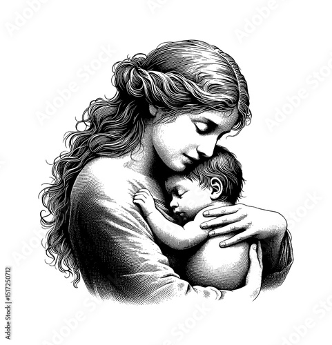 Engraving of a mother lovingly holding her sleeping baby in a tender embrace on white background