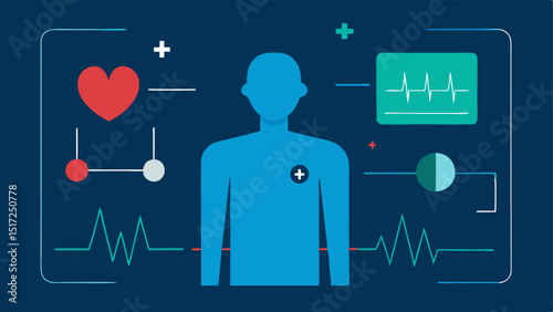 Heartbeat Monitor Display A graphic depicting a virtual screen showing a heartbeat monitor with visual data points representing a patients vital signs alongside a silhouette of a