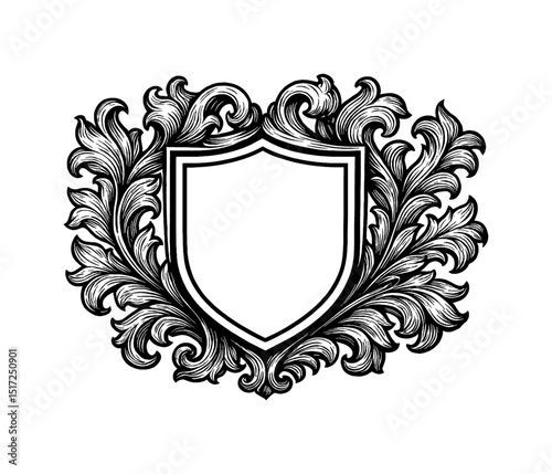 Elegant decorative shield frame with floral ornament in vintage engraving style