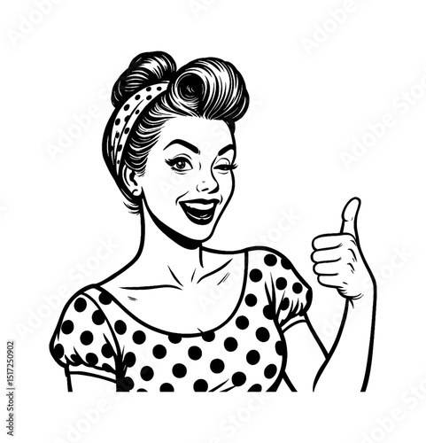 Pinup woman in polka dots dress winking eye and giving thumbs up in vector illustration