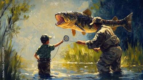 Father and son fishing with a giant trout in a vibrant, painterly style.