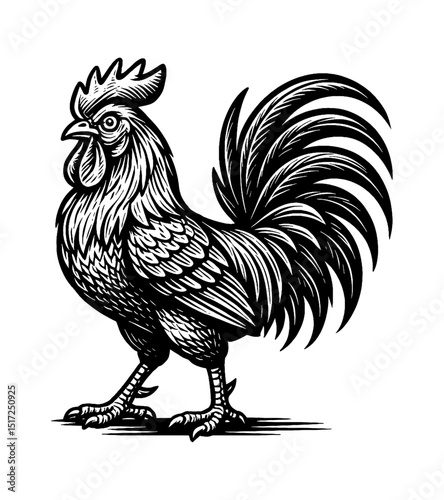 Detailed Woodcut Style Illustration of a Rooster Standing Tall with a Proud Posture