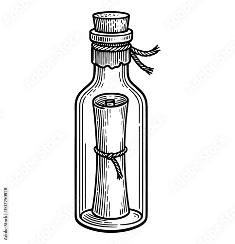 Vintage Message in a Bottle with Cork and Rope Engraved Black and White Illustration