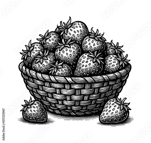 Basket Full of Strawberries with Detailed Black and White Engrave Art Style