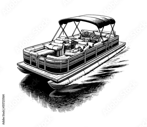 Detailed Black and White Engraved Pontoon Boat Illustration Floating on Water Surface with Shadow