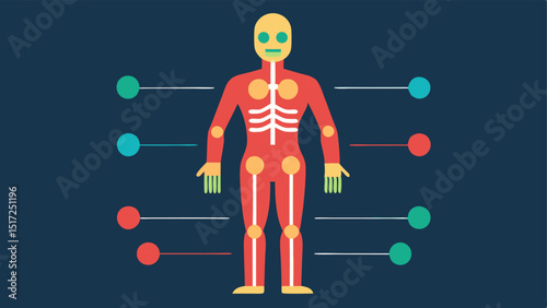 Infographic of Body Systems A split illustration showing various body systems muscular skeletal nervous in 3D with corresponding health metrics indicated beside each section.