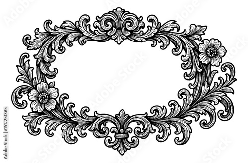 Detailed Black and White Engraving of Floral Frame with Baroque Style Ornament Elements Vector