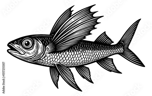 Illustration of a Vintage Black and White Engraved Flying Fish with Detailed Scales