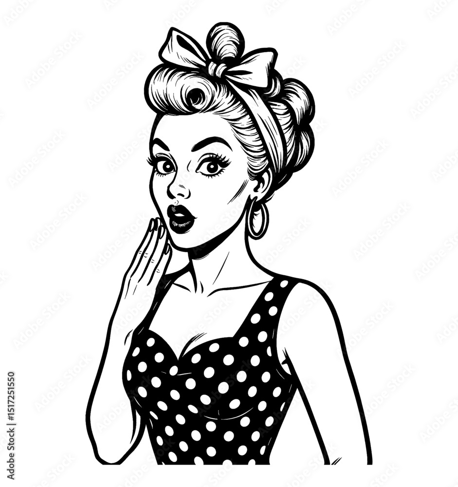 Surprised Pinup Woman with Hand on Cheek and Wide Eyes in Black and White Vintage Style Surprised Pinup Woman with Hand on Cheek and Wide Eyes in Black and White Vintage Style