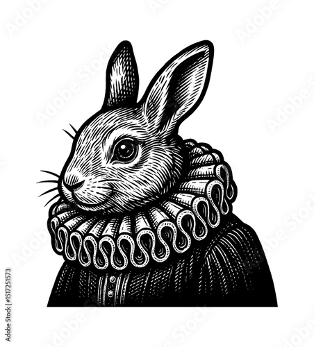 Engraved Portrait of a Rabbit Wearing a Ruffled Collar in Black and White Detailed Illustration