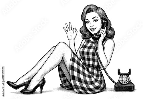 Smiling Caucasian Woman Talking on Phone While Sitting Down in Retro Black and White Engraving Style