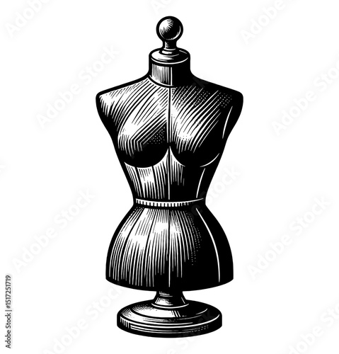 Illustration of Fashion Mannequin in Black and White Engraved Style Front View