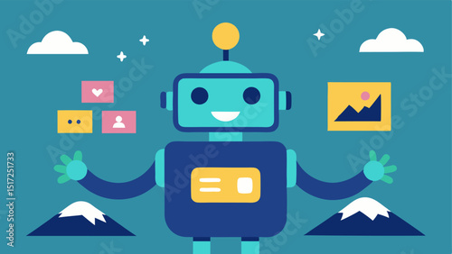 AI Assistant A friendly robot with a digital screen displaying vacation icons beach mountains city presenting different travel options to a person looking excited.